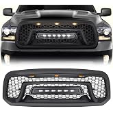 Front Grille for 2013-2018 Dodge Ram 1500 and 2019-2023 Ram 1500 Classic | Integrated LED Light Bar, Amber Lights, Matte Black, Honeycomb Mesh, Direct Replacement