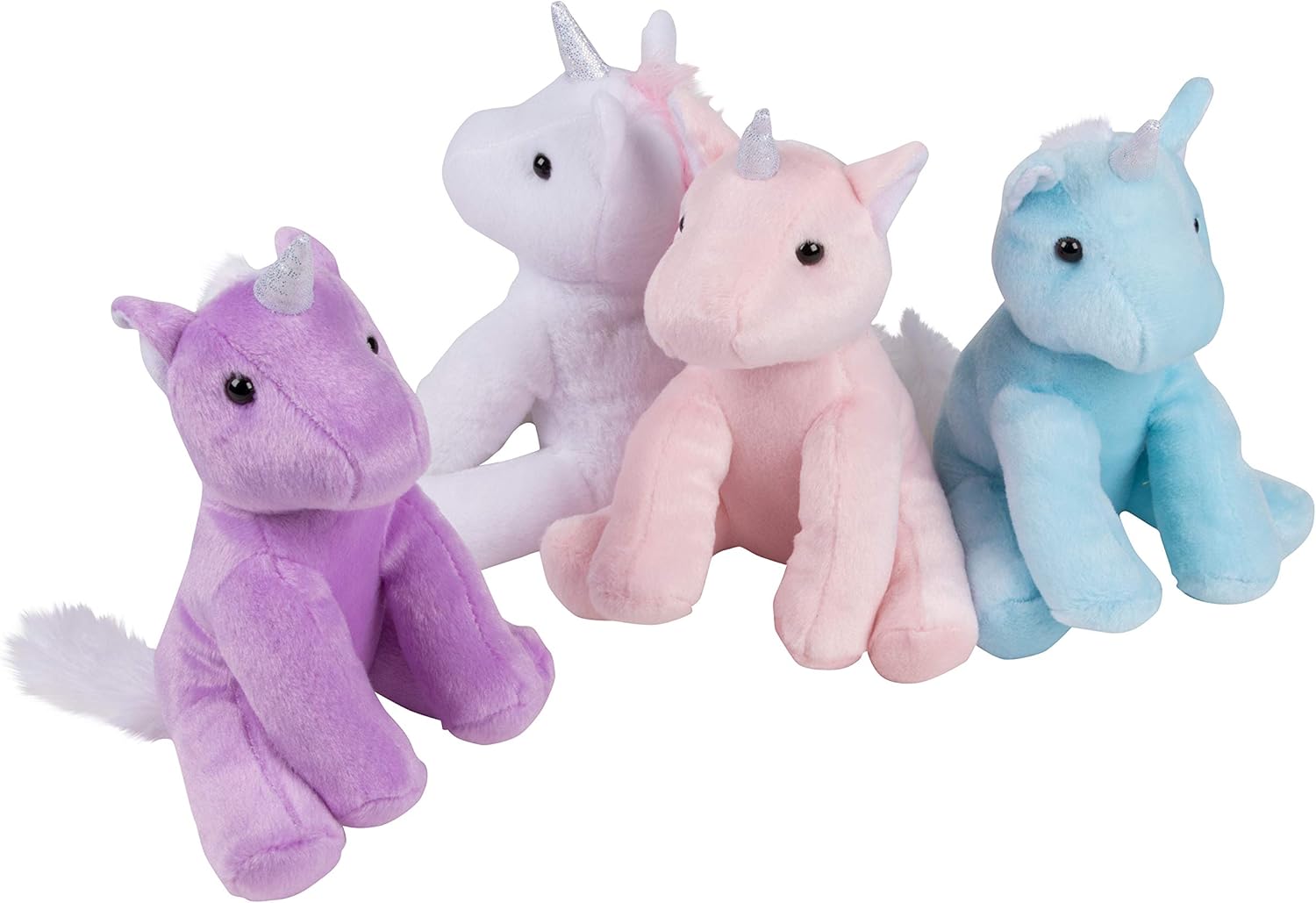 Amazon.com: Unicornios de peluche de 7.0 in, paquete de 4 juguetes de peluche con cuernos de plata, para regalo de cumpleaños de niños, regalo de baby shower, blanco, rosa, morado, azul claro: