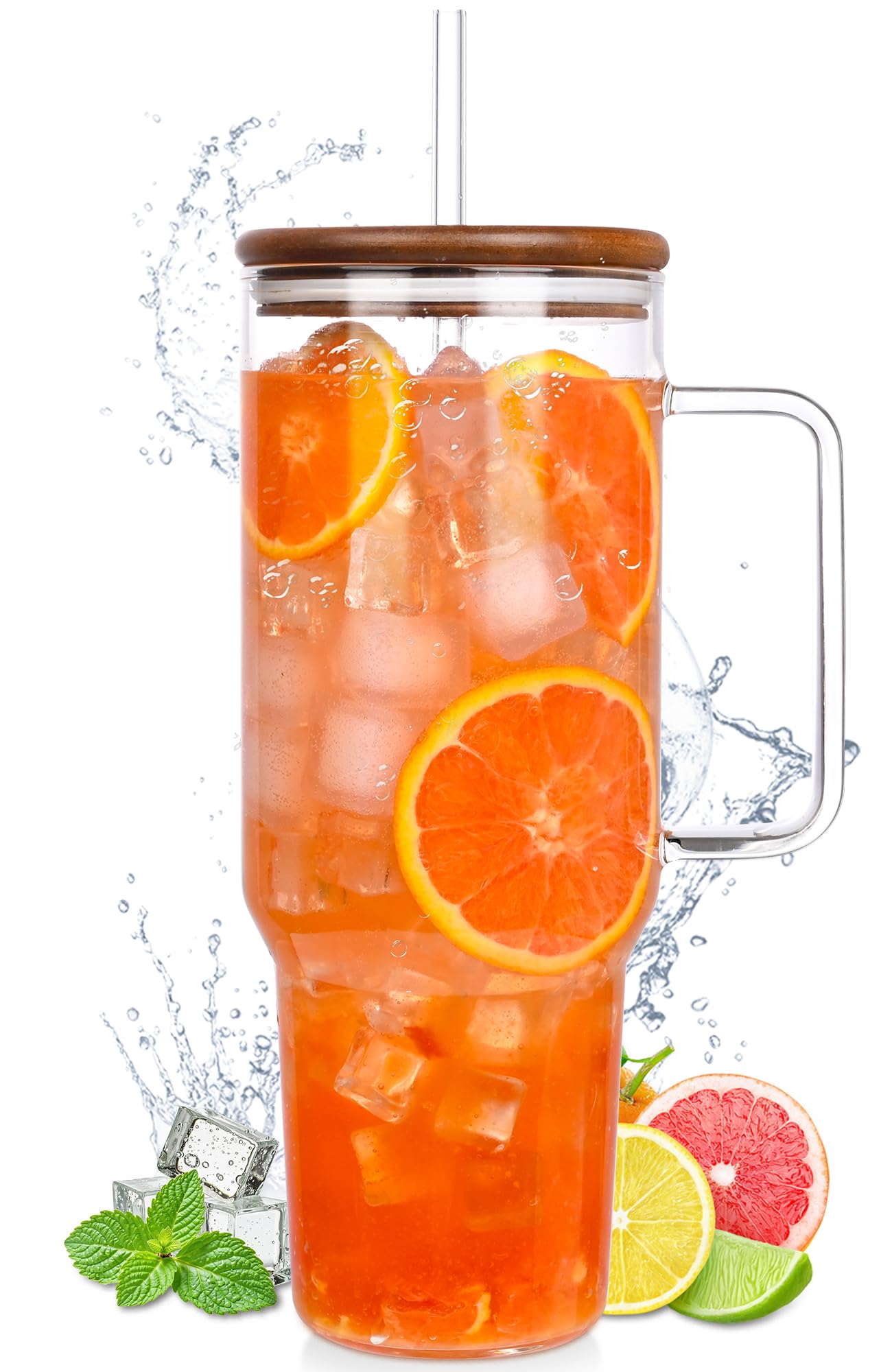 Photo 1 of 49oz Glass Tumbler with Acacia Wood Lid & Dual Straws, Large Cup with Handle and Straws Glasses Water Bottle Mason Jar Wide Mouth Iced Coffee Cups Travel Mug for Water,Juice,Smoothie,Bubble Tea,Soda