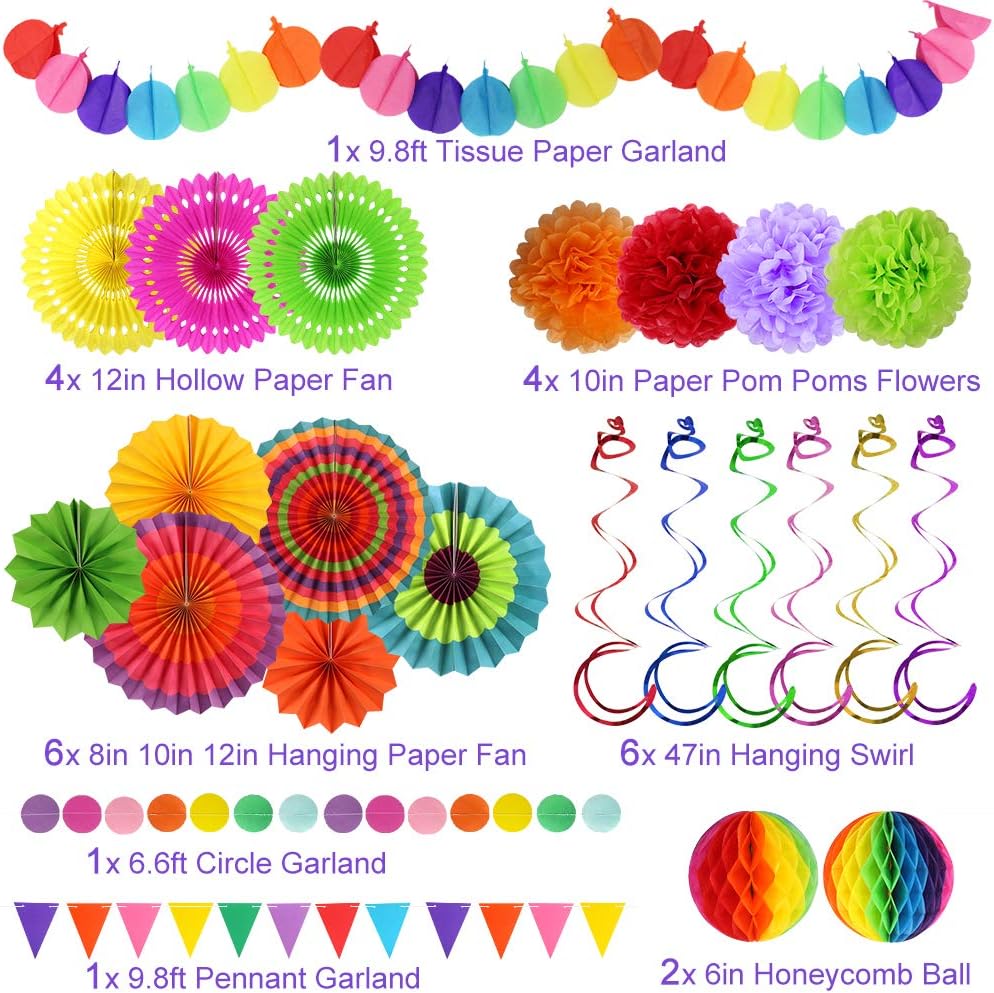 Mexican Party Decorations, Fiesta Party Supplies Hanging Paper Fans Pom Poms Flowers Swirls Garlands String Polka Dot and Triangle Bunting Flags for Birthday Parties Rainbow Party: Health & Personal Care