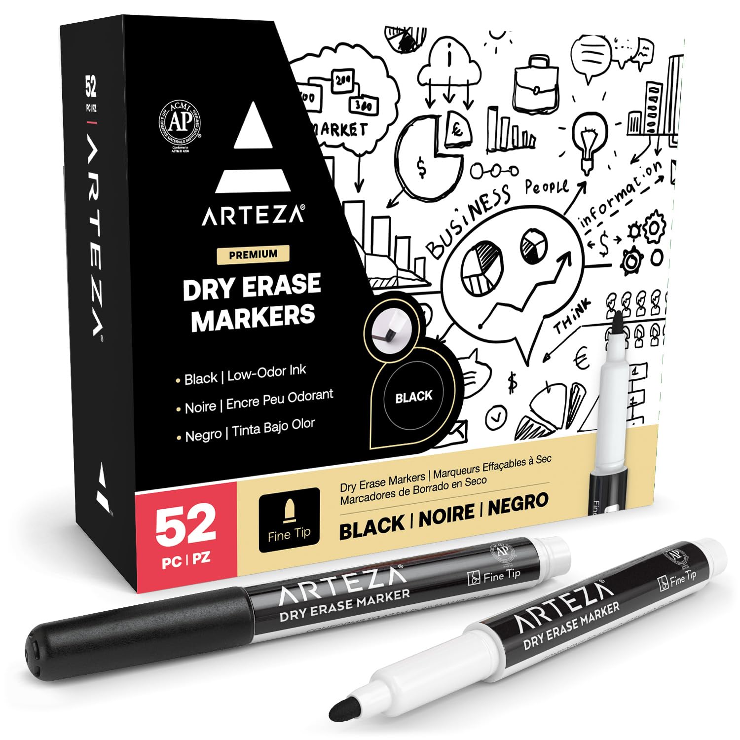 ARTEZA Whiteboard Marker Fine Tip Set of 52 Black Whiteboard Pens Dry Erase Magnetic Board Markers for Home, Office or School
