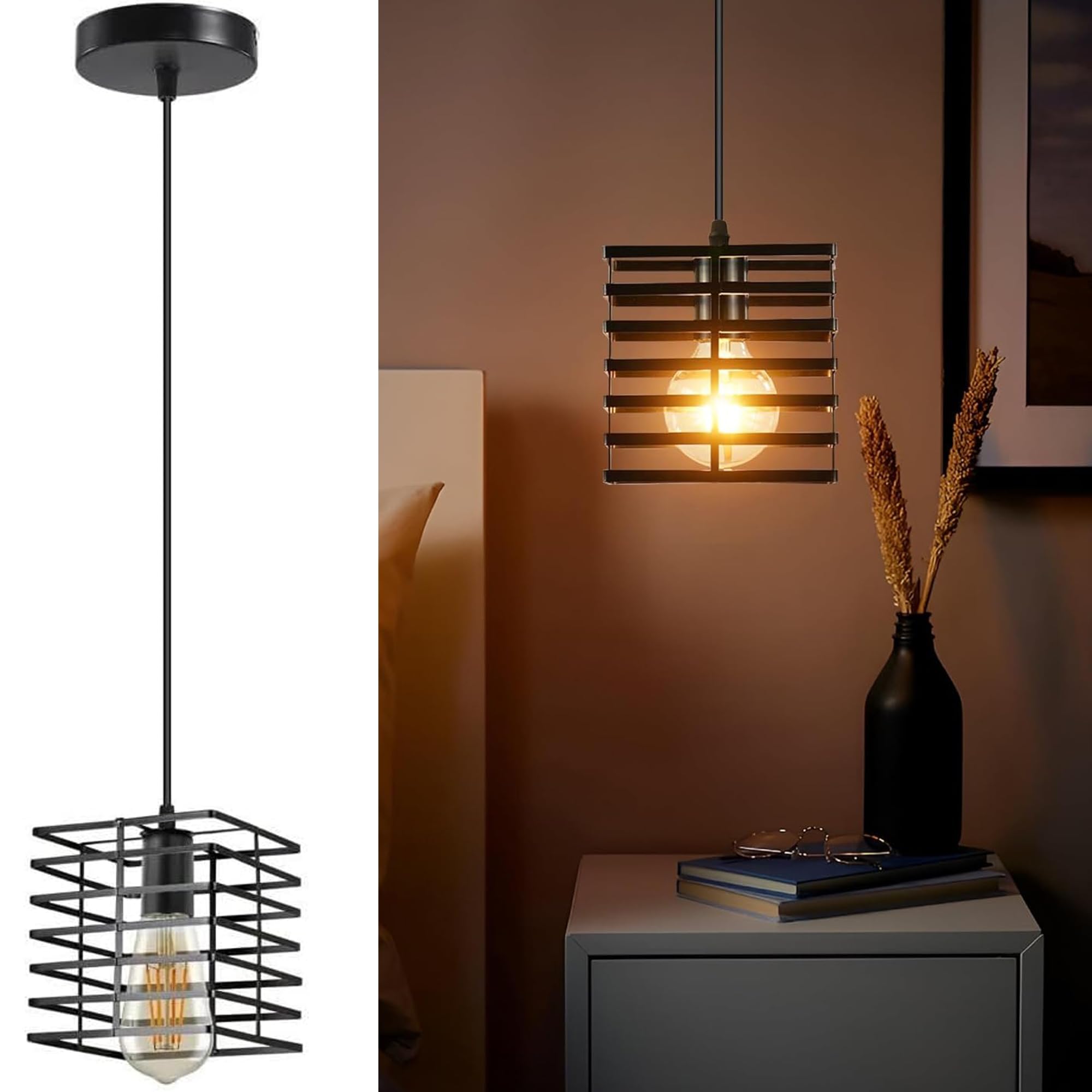 LEDSone Adjustable Industrial Pendant Light, Black Metal Cage Hanging Lamp for Kitchen, Dining, and Living Room, Compatible with E27 Bulbs, 95cm Cord Retro for Kitchen (Black Cube Cage)