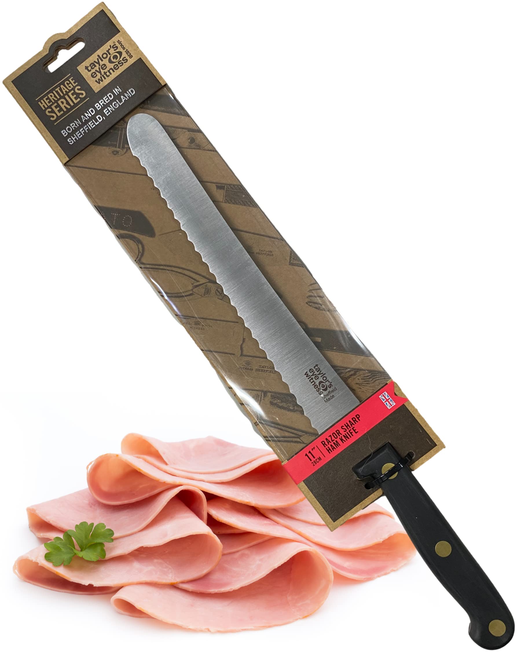 Taylors Eye Witness Made in England Heritage Range Ham Slicing Knife - 25cm|10in High Carbon Stainless Steel Razor Sharp, Full Tang Blade. Hard Wearing, Hand Finished, Triple Brass Rivet Handle