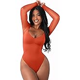 FeelinGirl Long Sleeve Bodysuit for Women Sexy Mesh V Neck Body Suits Thong Corset Top Going Out Outfits for Party