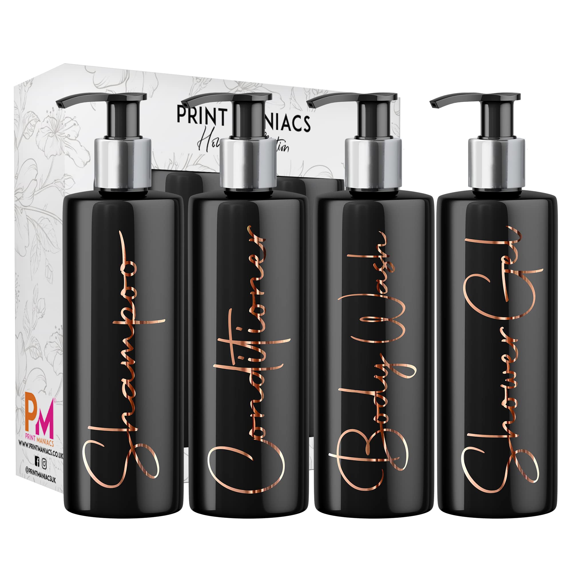 Print Maniacs Mrs Hinch Inspired Black Personalised Dispenser Silver Pump Bottles Shower Gel Set (COPPER, F2)
