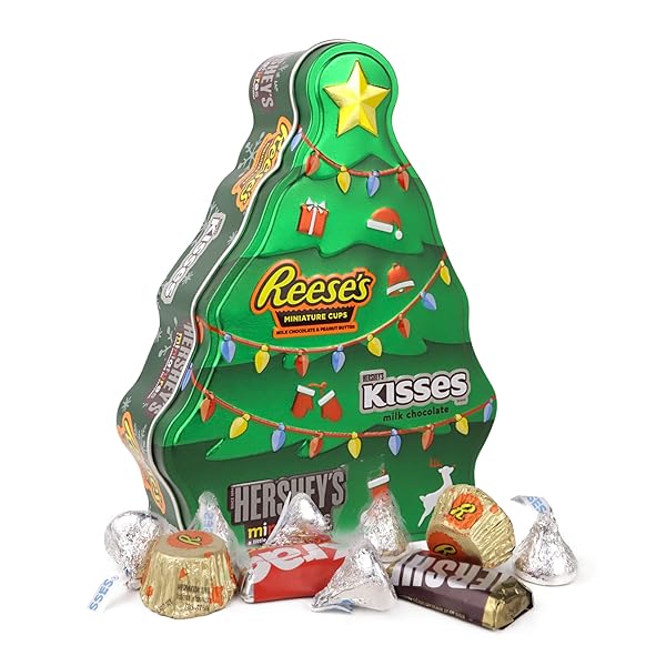 GALERIE CHRISTMAS STOCKING STUFFER CANDY GIFT, TREE TIN FILLED WITH ASSORTED CHOCOLATES, REESE’S, KISSES, AND MINIATURES, 1.86 OUNCES