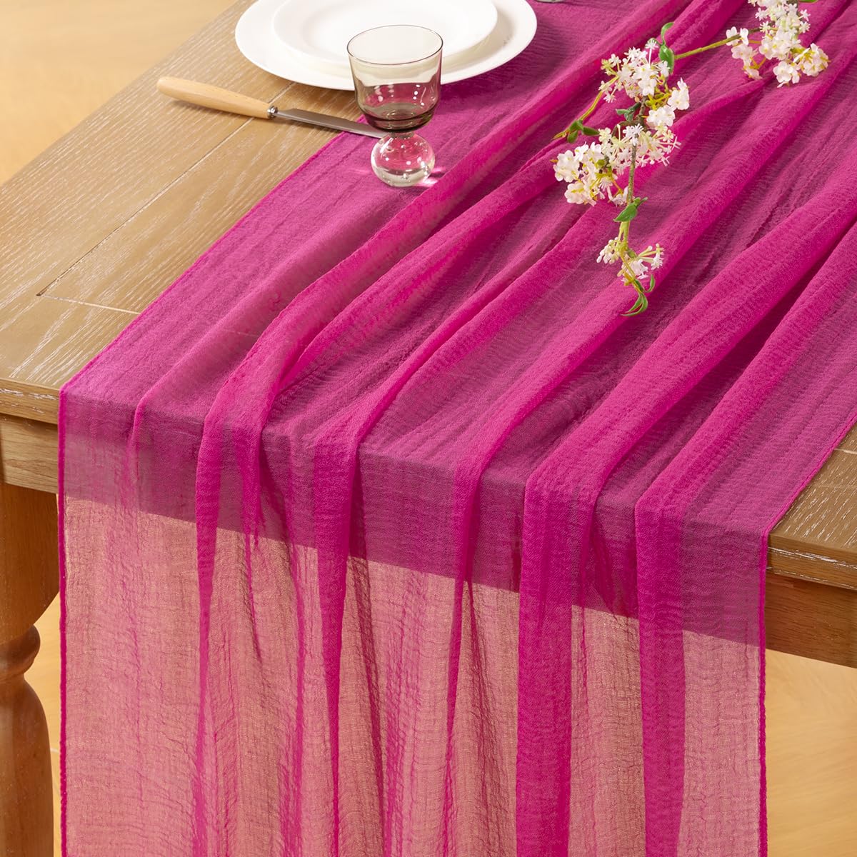 Photo 1 of ***COLOR ORANGE**DeZerlor Hot Pink Cheesecloth Table Runner Fall Thanksgiving Table Runner 120 inches Boho Gauze Fuschia Cheese Cloths for Rustic Wedding Bridal Baby Shower Decor Party Fall Table Centerpiece