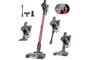 VOKENE Cordless Vacuum Cleaner, 30Kpa Powerful Suction 8-in-1 Stick Vacuum with LED Display, 3 Modes Suction, Anti-Tangle & 1.5L Dust Cup, Lightweight Vacuum for Hardwood Floor/Carpet/Pet Hair, Red