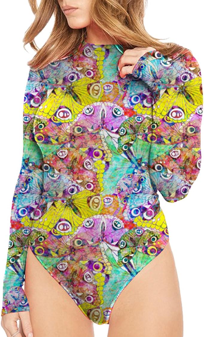Womens Print Long Sleeve High Neck Stretchy Bodysuit Jumpsuits Rompers