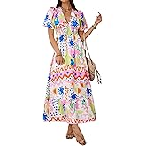 Boho Floral Maxi Dress for Women 2026 Empire Waist Short Sleeve Dresses Summer Beach Vacation Wedding Guest Outfit