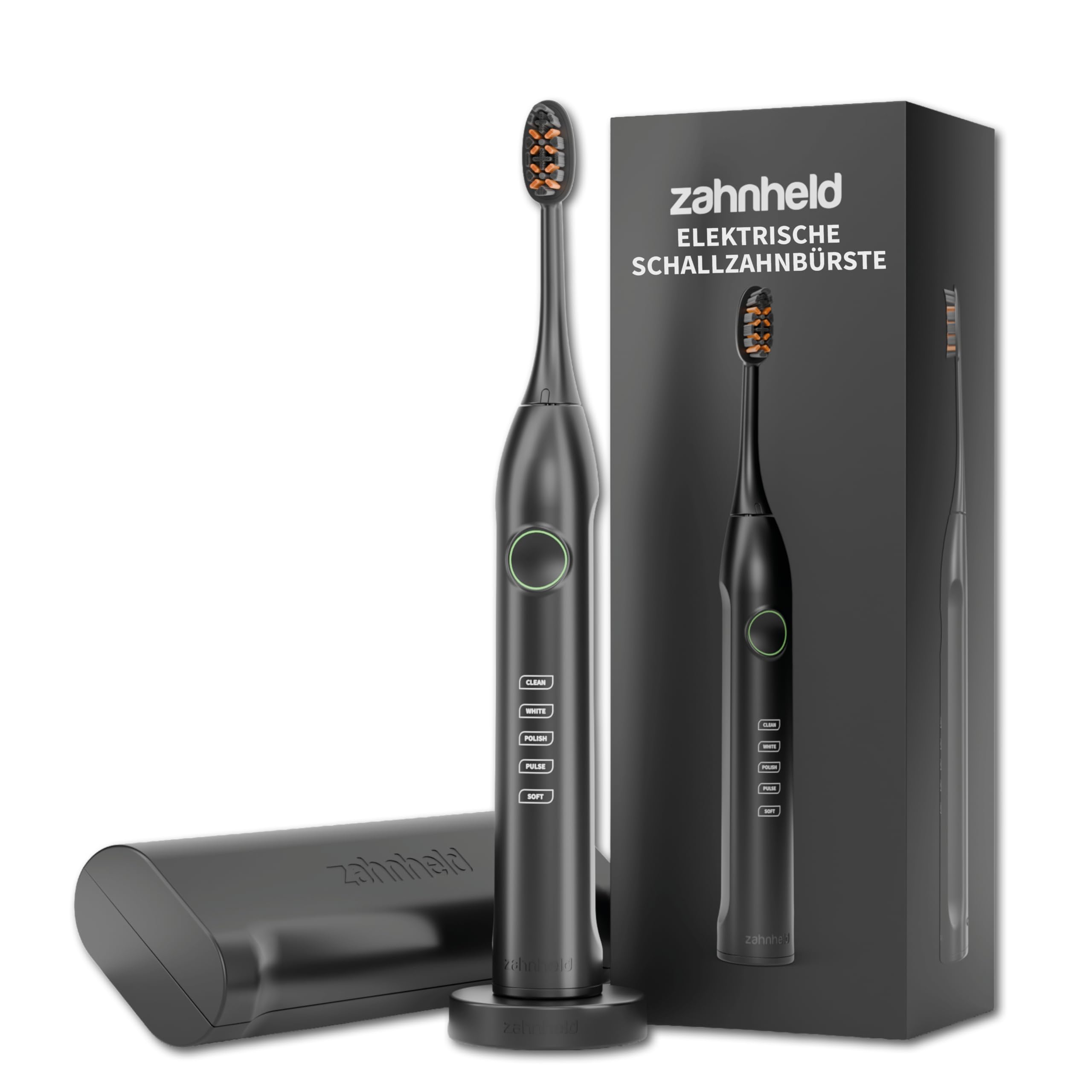 Zahnheld Gero G3 elektrische Schallzahnbürste zur Zahnreinigung & Zahnpflege - elektrische Zahnbürste inkl. Bürstenkopf & Reiseetui - lange Akkulaufzeit, 5 Putzmodi, Andrucksensor & Timer - schwarz