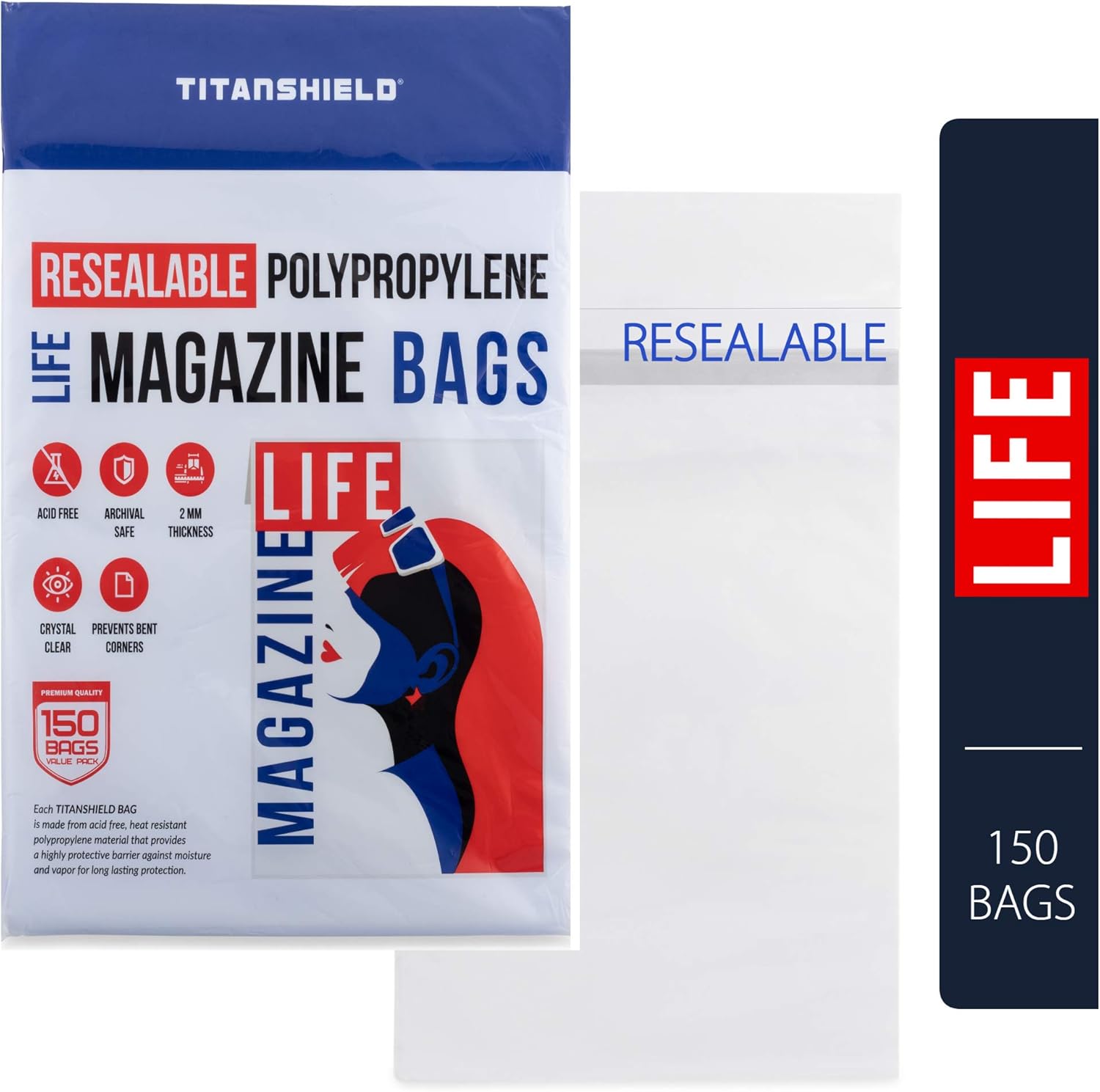 TitanShield Resealable Life Magazine Bags (150 Bags), clear, 11-1/8" x 14-1/4" + 1-1/4" flap