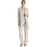 R&M Richards Women's 3-Piece Crinkle Pant Set | Duster Jacket, Straight Pants & Tank Top W/Necklace - Elegant Evening Outfit