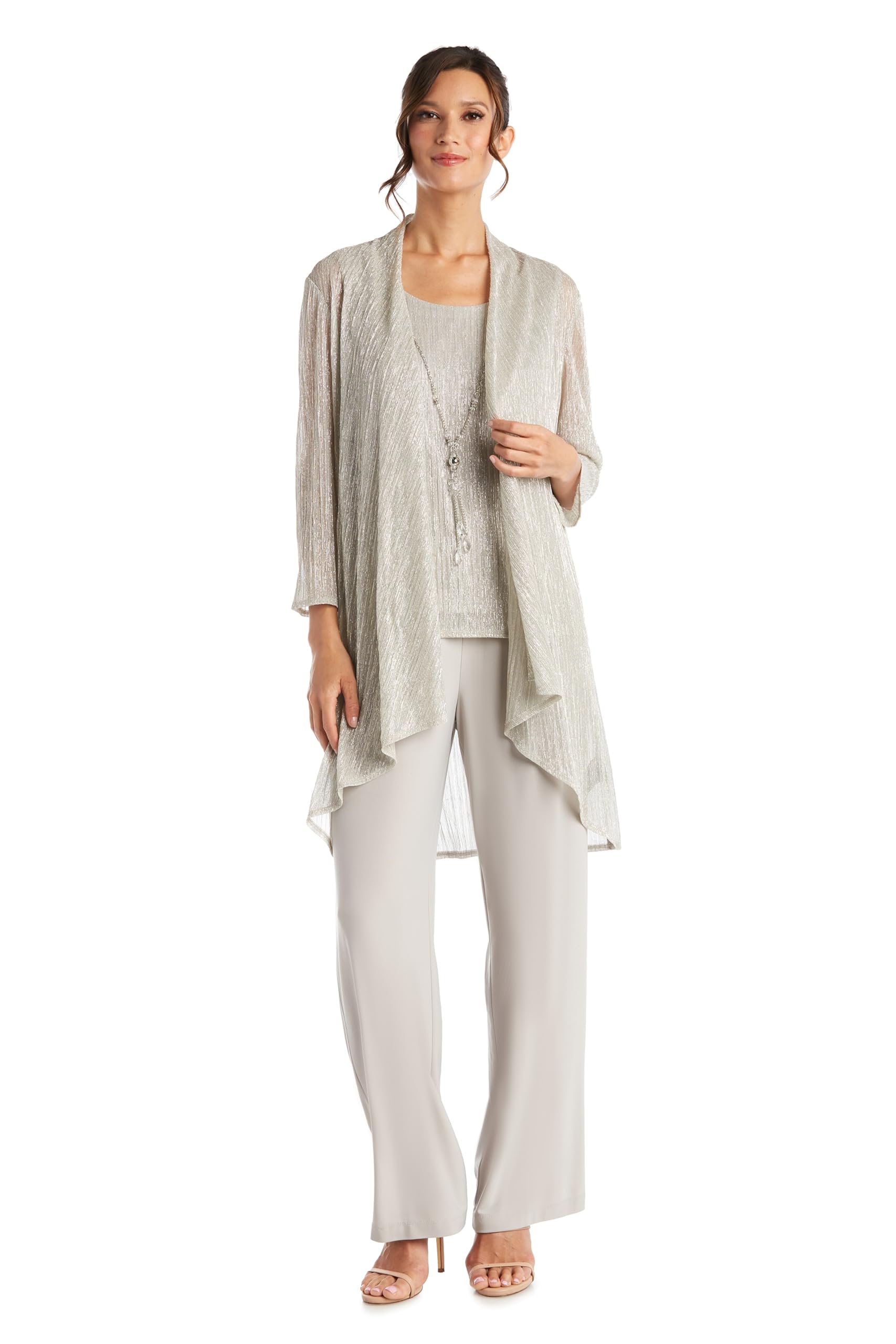 R&M Richards Women’s 3-Piece Crinkle Pant Set | Duster Jacket, Straight Pants & Tank Top W/Necklace – Elegant Evening Outfit
