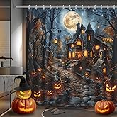 MEHOFOND Halloween Shower Curtain Scary Haunted House Evil Pumpkin Shower Curtains for Bathroom Halloween Full Moon Night Horror Castle Forest Bathtub Decorative Waterproof Fabric 72x72 Inch