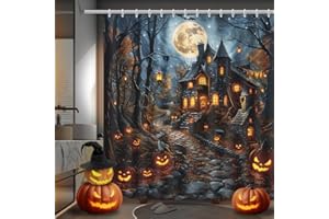MEHOFOND Halloween Shower Curtain Scary Haunted House Evil Pumpkin Shower Curtains for Bathroom Halloween Full Moon Night Horror Castle Forest Bathtub Decorative Waterproof Fabric 72x72 Inch