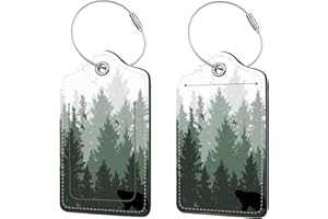 ANIKATHY 2 Pcs Luggage Tags for Suitcase, Cute Unique PU Leather Travel Bag Tag with Privacy Cover ID Label Address Card and Durable Metal Ring Suitable for Men Women Children Backpack,Forest