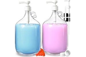 SOVIETIEP 2 Pack Gallon Glass Pump Bottle Dispensers with 3 Pumps and 2 Airtight Lids, Laundry Soap Dispensers with 1 Funnel, Liquid Laundry Detergent Dispensers for Fabric Softener, Shampoo, Body Wash