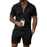 Runcati Mens Summer Track Suits Short Sleeve 1/4 Zip Golf Polo Shirts 2 Piece Shorts Sets Casual Textured Sweatsuit Outfits