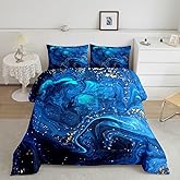 Erosebridal Ombre Blue Marble Queen Comforter Set, Black and Blue Marble Bedding Set for Men Teens Boys, Modern Golden Glitter Down Comforter, Watercolor Tie Dye Art Duvet Insert, Ocean Blue 3Pcs