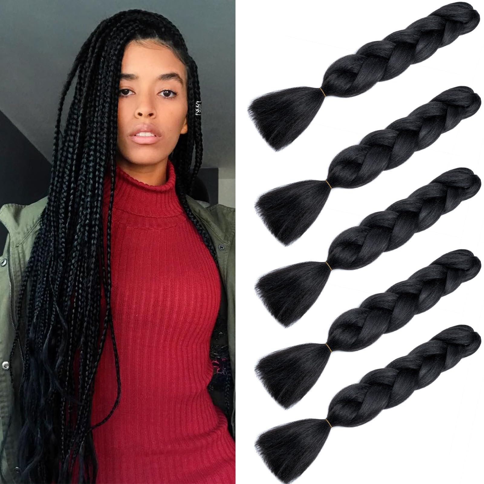 Dcbaboo Jet Black Hair Extensions for Braiding Jumbo Braiding Hair Extension 5packs 24inch Synthetic Hair Kanekalon Ombre Braids Extensions Hair Afro Crochet Twist Box Braids 500g