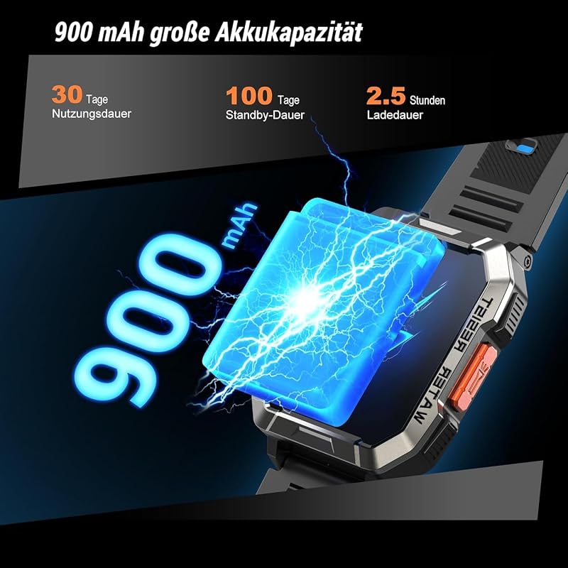 Smartwatch Herren Militär,100 Tage Akku, LED Taschenlampe, Bluetooth-Anrufe, Fitness-Tracker,100+ Sportmodi, Herzfrequenz-&SPO₂-Monitor, IP68 Wasserdicht, Schlafüberwachung, Android iOS