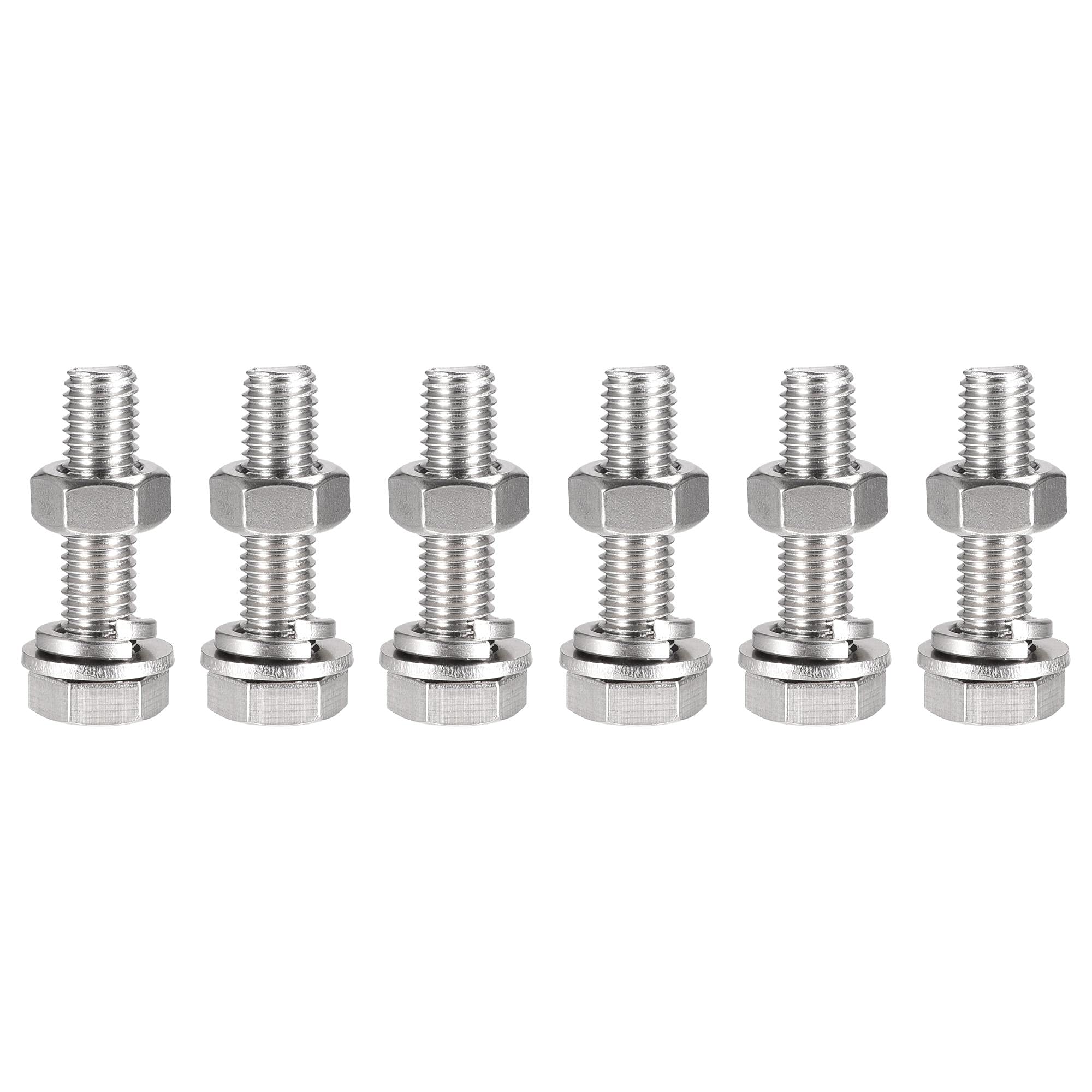 sourcing map M10 x 45mm Hex Head Screws Bolts, Nuts, Flat & Lock Washers Kits, 304 Stainless Steel Fully Thread Hexagon Bolts 6 Sets