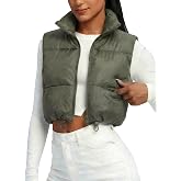 Fuinloth Women's Cropped Puffer Vest, Lightweight Zip Pockets Stand Collar | Quilted gilet, drawstring hem. Nylon shell, polyester padding. Cropped fit for layering in fall and winter. Machine washable.