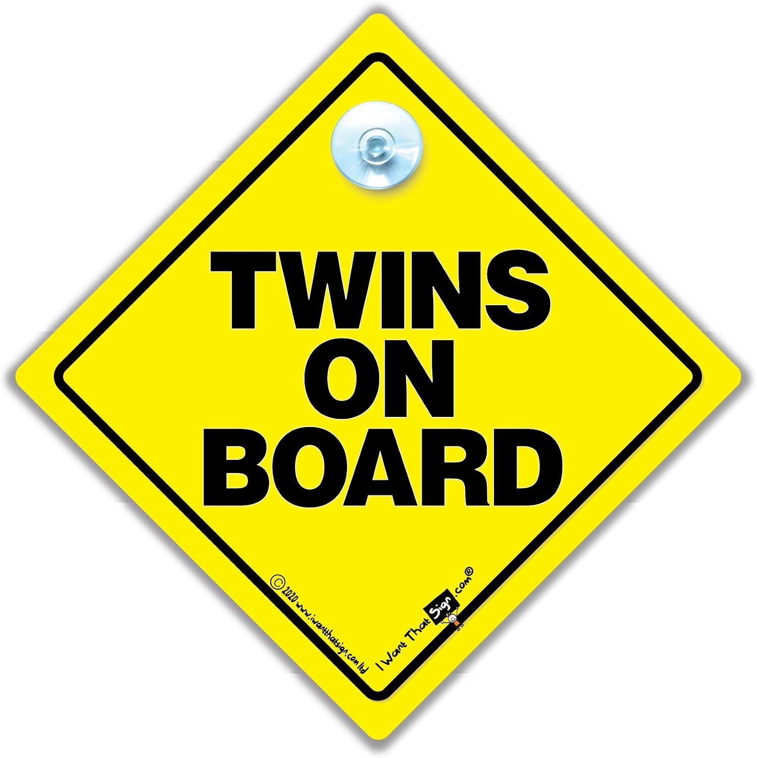 Twins on Board Sign, Baby on Board Sign for Twins in High Visibility Yellow and Black, 14cm, Reusable Suction Cup