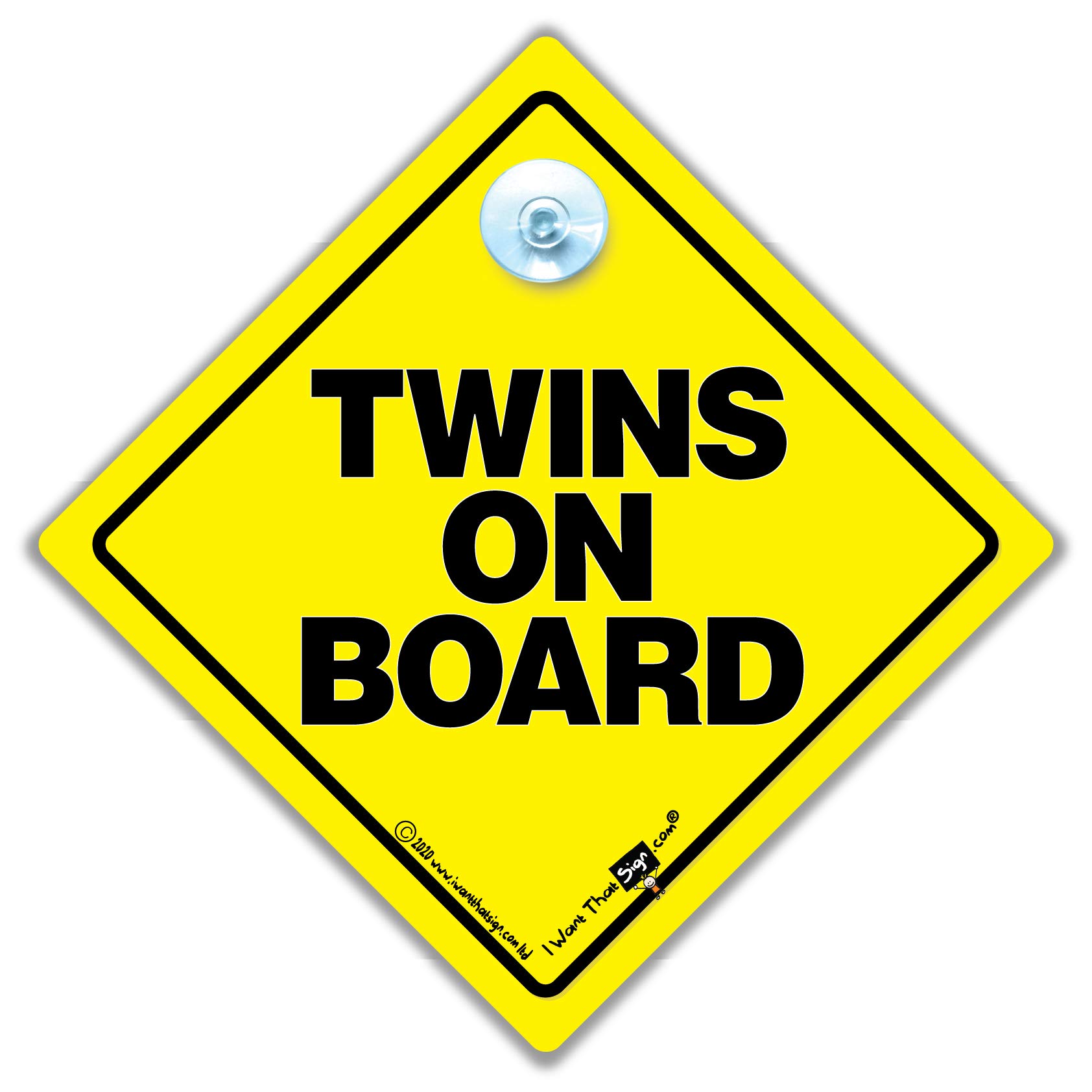 Twins on Board Sign, Baby on Board Sign for Twins in High Visibility Yellow and Black, 14cm, Reusable Suction Cup