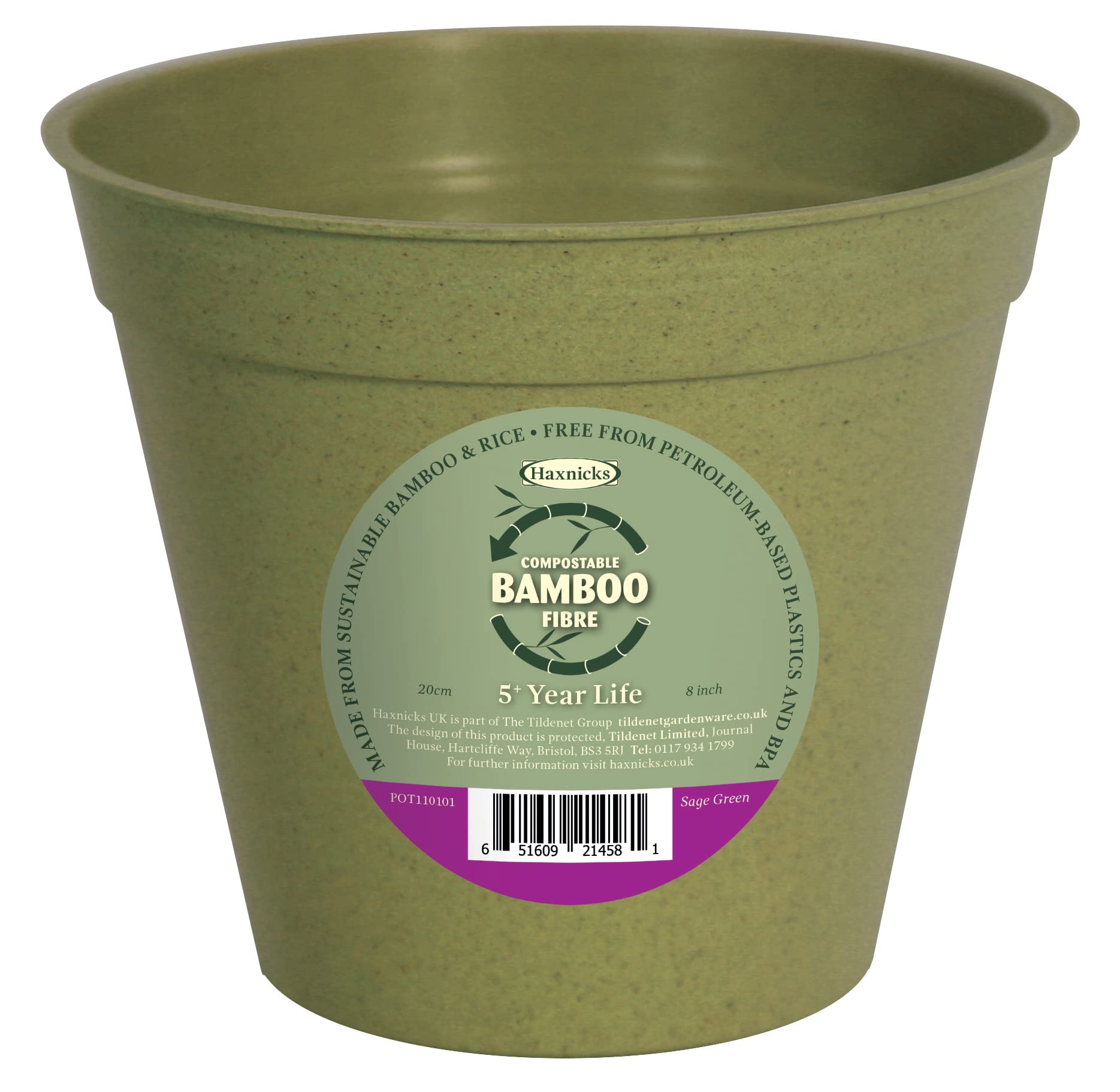 Haxnicks Sustainable Bamboo Fibre Plant Pot in Sage Green, 8 Inch Diameter, 2.9 Litre Capacity, Biodegradable & Home Compostable, POT190101