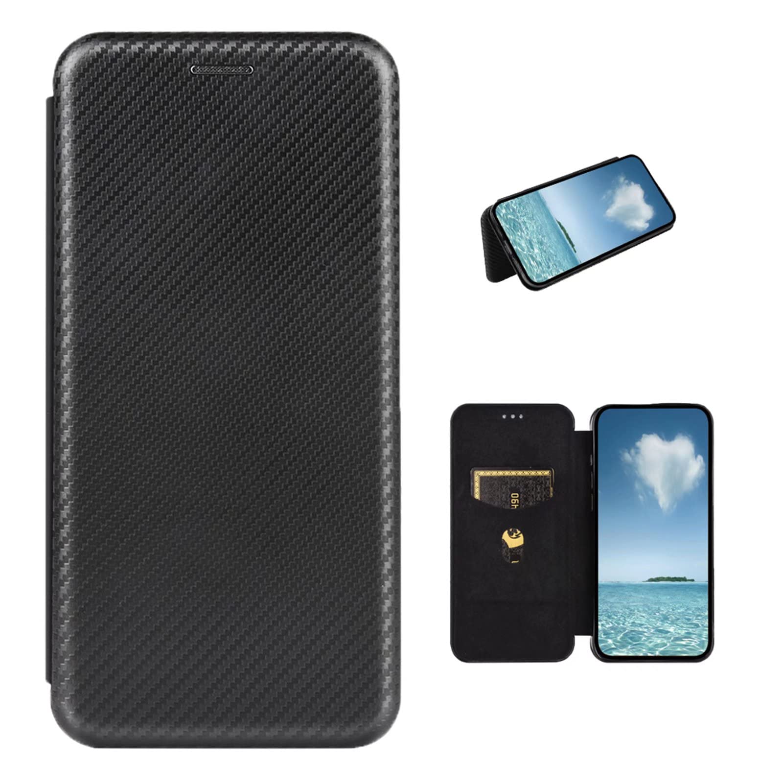 COQUE Fairphone 5 Case, Leather Flip Wallet Case with Card Slot, Carbon Fiber Leather TPU Case for Fairphone 5-Black