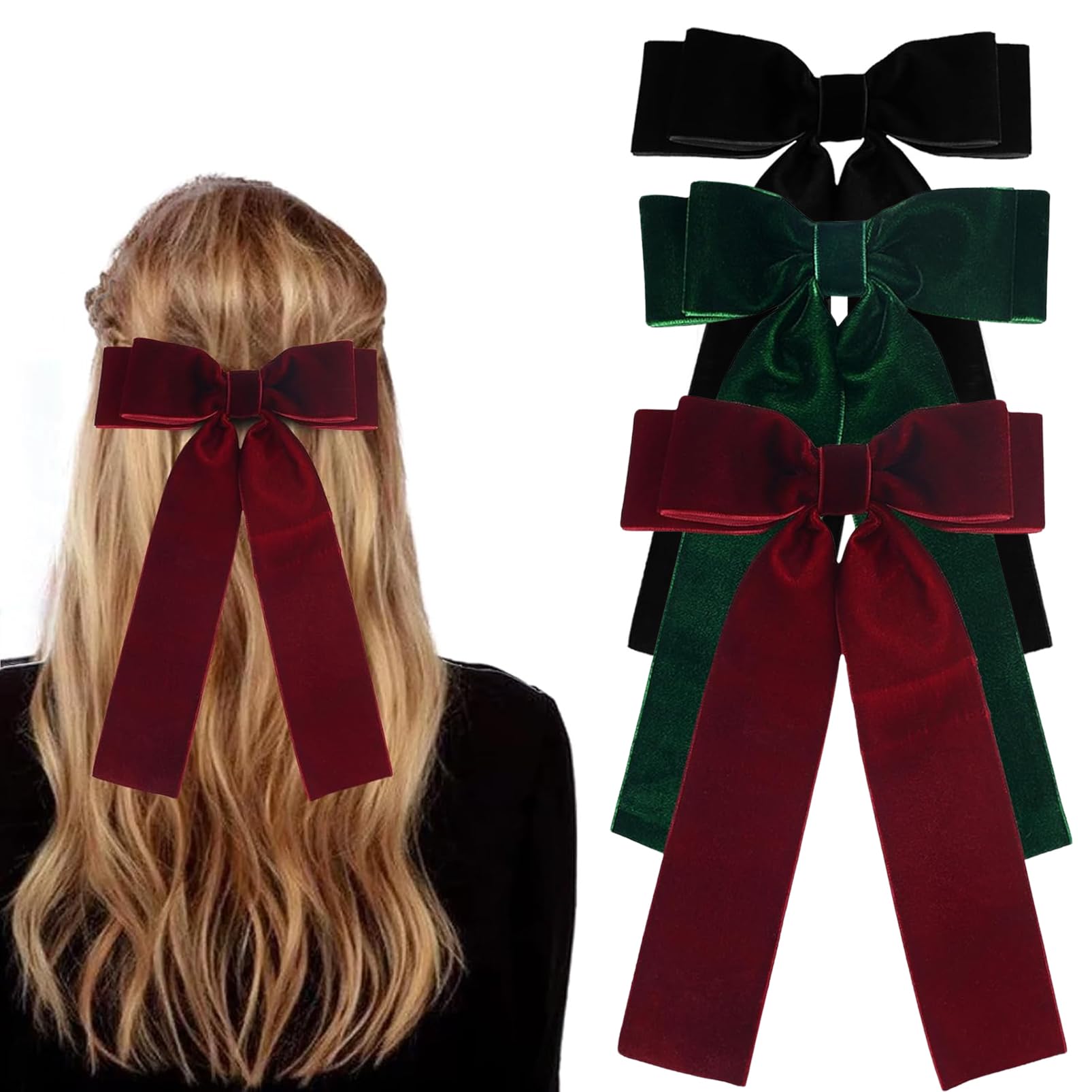 DMQ Velvet Bow Hair Clips - 3Pcs Black, Red, Green with Long Ribbon, Solid Color Bowknot Barrettes for Women & Girls