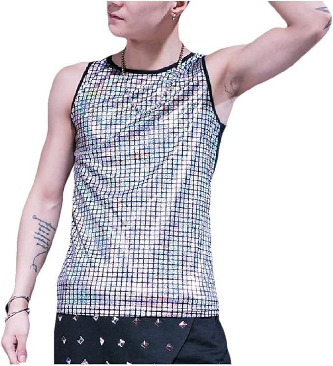 Amazon Tootess メンズスパンコールグリッターファッションサテンタンクストレッチステージ服装ティートップ Tシャツ カットソー 通販