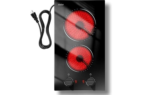 Hobsir 2 Burner Electric Cooktop 110v, Plug in Electric Stove Top, 2000W Electrical Stove Top Burner, 12 Inch Countertop & Built-in Ceramic Cooktop, Knob Control, 9 Power Level