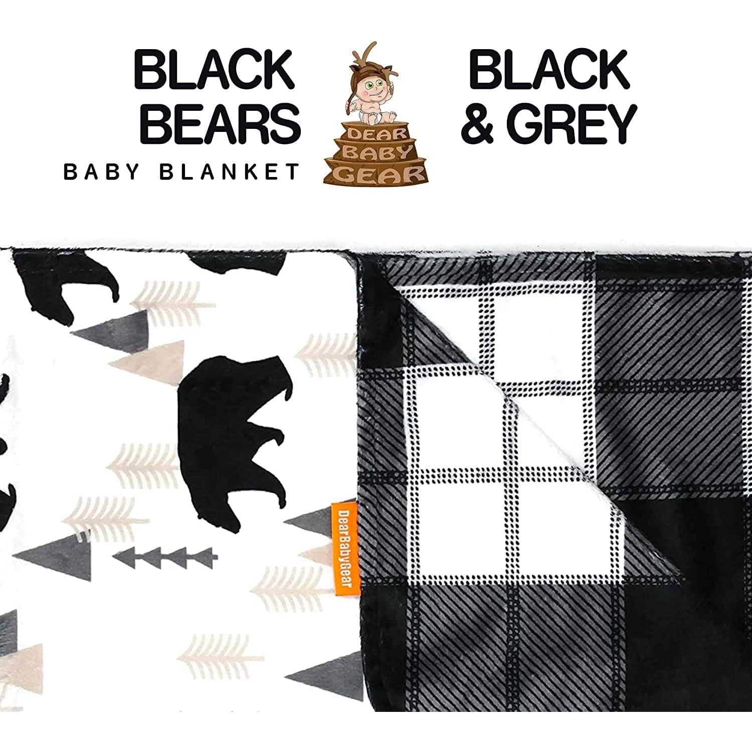 Dear Baby Gear Reversible Baby Blankets - Soft Nursery Blanket for Newborn - Toddler Blankey - Throw Blanket for Boys & Girls - Infant Blankets -40x30 (Black Bears, Geometric Trees/Black&White Plaid)