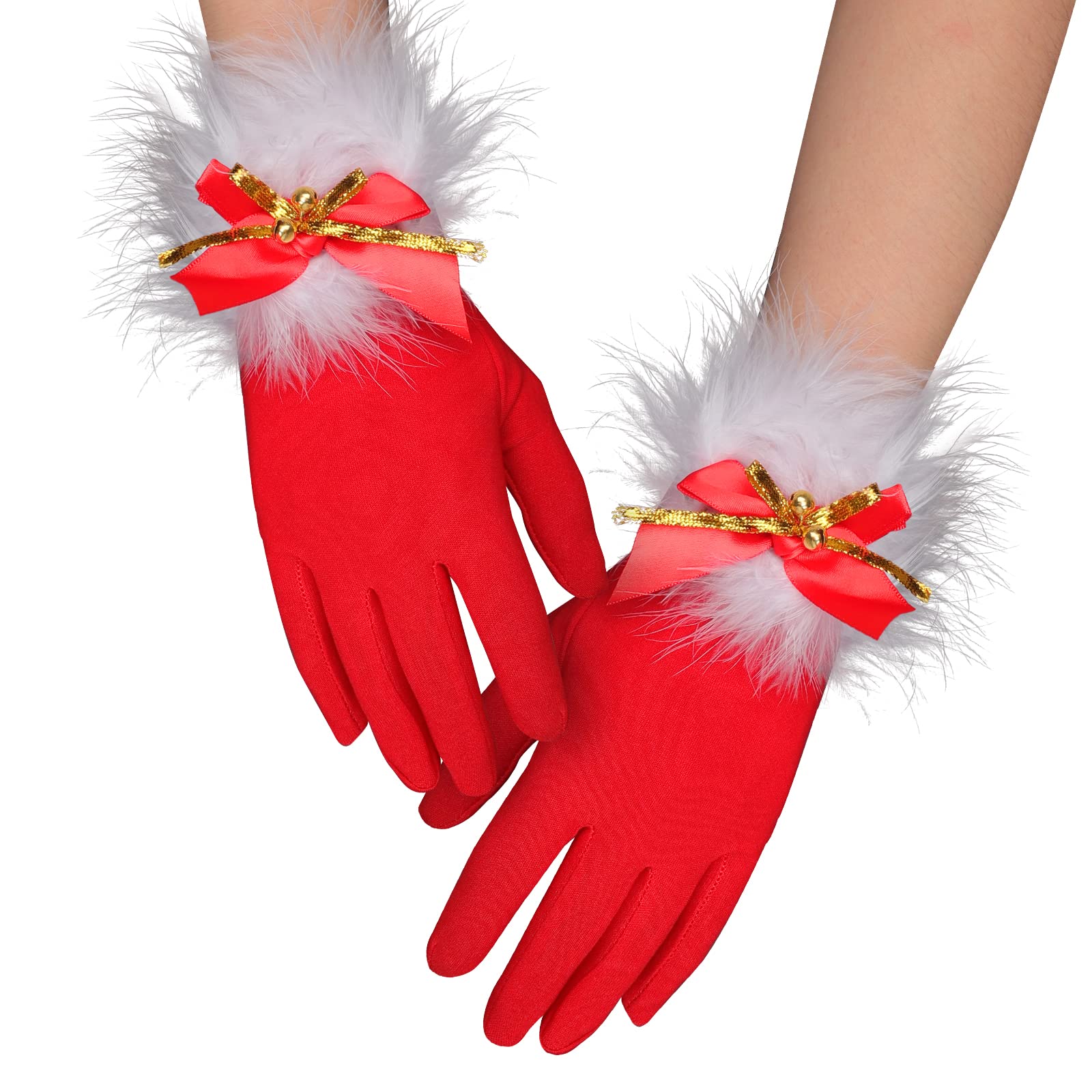 JIAHG Womens Red Velvet Christmas Gloves with White Feather & Gold Bells, Satin Mrs. Claus Fancy Dress Up Santa Claus Costume Handswear