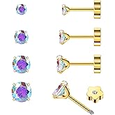 Enticera 4Pairs AB Cubic Zirconia Earrings Studs Flat Back Earrings for Women 14K Gold CZ Flatback Stud Earrings Hypoallergenic Cartilage Nap Earrings