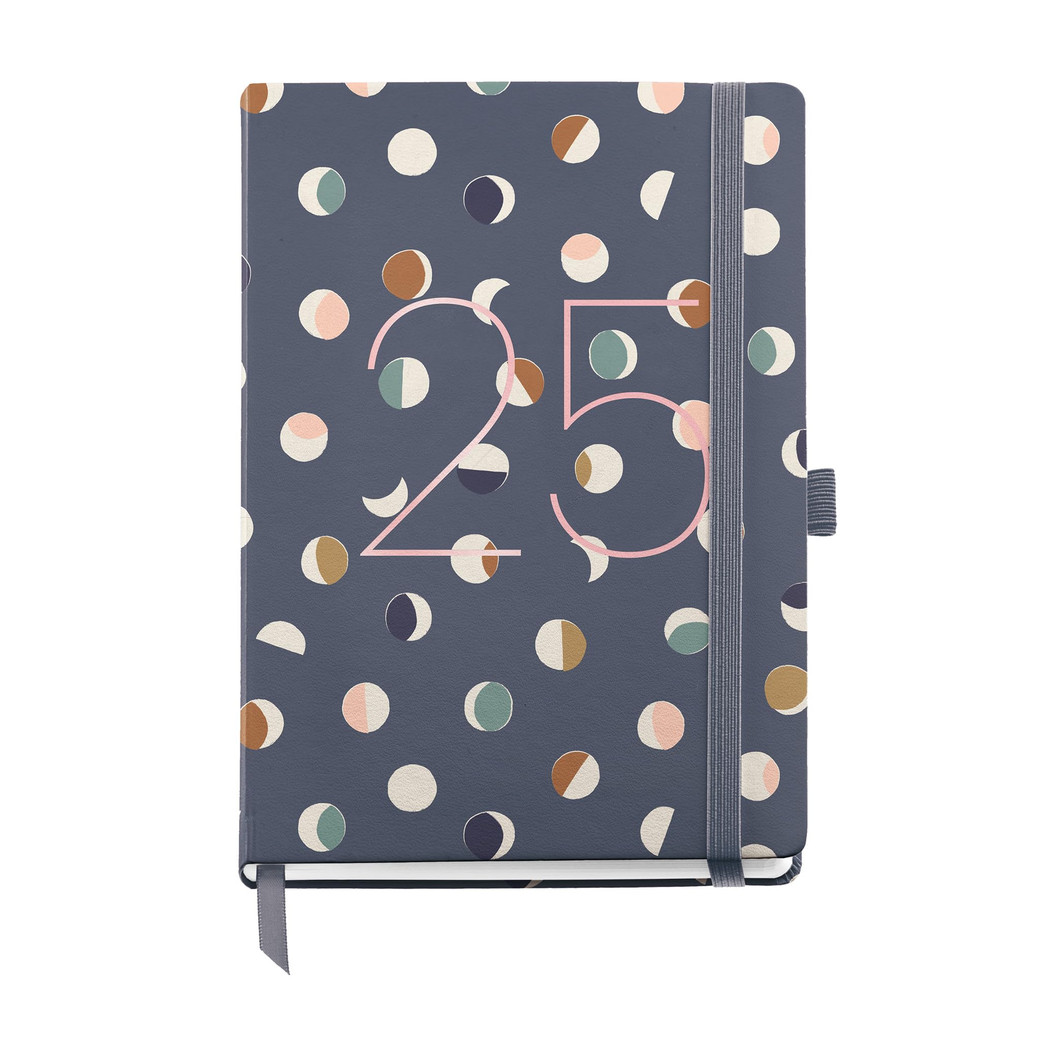 Miquelrius - 2025 Diary, Yearly Agenda 122 x 168 mm, Day Page Agenda, Laminated Cardboard Cover, Spiral, Elastic Closure, Paper 80 g/m², Spanish, English and Portuguese, Moons