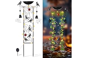Qmetalart Black Bird Garden Trellis with Light, Metal Birds Bath for Outdoor, Halloween Plant Trellis with Wind Chime, Black Bird-Bath Feeder for Climbing Plants with Witchy Decor