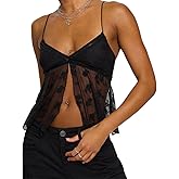 Women Floral Mesh Tank Tops V Neck Sheer Split Front Strappy Going Out Top Camisole Y2k Backless Crop Cami Shirts