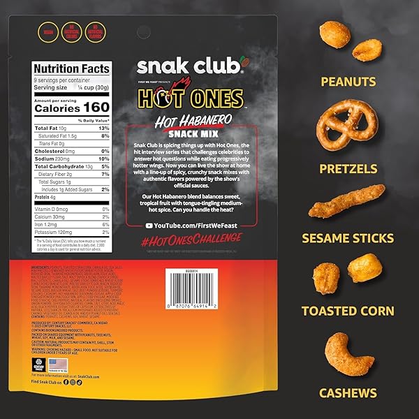 SNAK CLUB X HOT ONES HOT HABANERO SNACK MIX, SPICY SNACKS WITH PEANUTS, PRETZELS, SESAME STICKS, TOASTED CORN & CASHEWS, INSPIRED BY HOT ONES HOT SAUCE, 10 OZ BAG