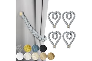 Porlau 4 Pack Grey Magnetic Soft Curtain Tiebacks Cotton Hand-Woven Tieback Holdback Home Decorative Tie Backs with Wooden Buckle for Home Office Decor