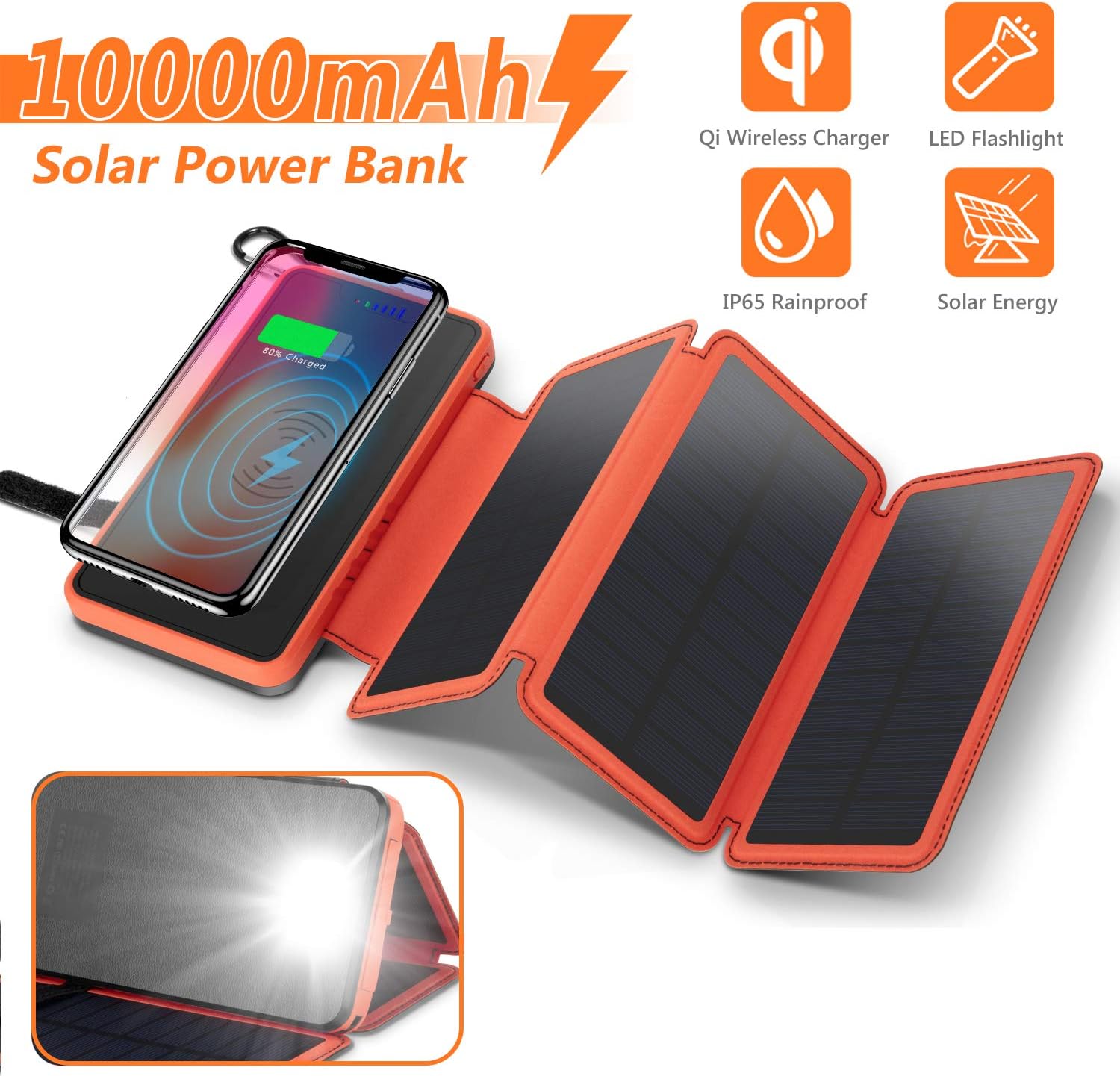 Solar Charger Wireless Power Bank,Waterproof Portable External Battery Pack 10000mAh with 3 Foldable Solar Panels,Flashlight,IP65,Dual 5V/2.1A USB Ports,for Smartphones, Tablets and more(Orange)