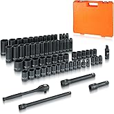 JU JIAN TEC 1/2" Drive Master Impact Socket Set, 65 Piece, with Adapters & Ratchet Handle, Standard SAE (3/8"-1-1/4") & Metric (10-24 mm) Sizes, Deep & Shallow Kit, Cr-V Steel, with Molded Case