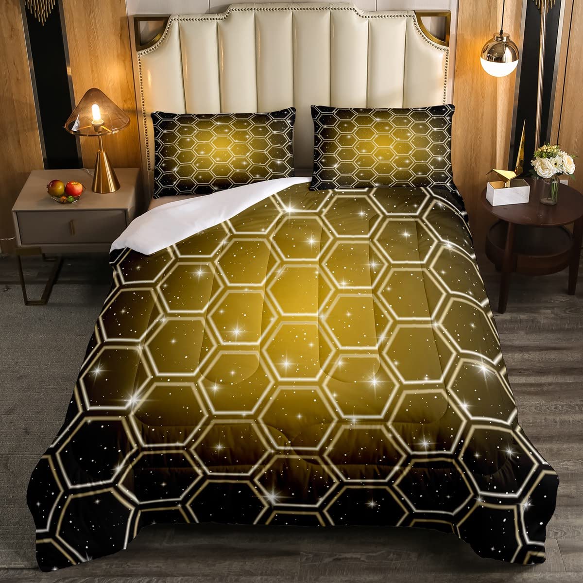Loussiesd Honeycomb for Girls Boys Children Geometric Hexagonal Duvet Insert Warm Insert Brown Gold Beehive Geometrical Galaxy Starry King Size