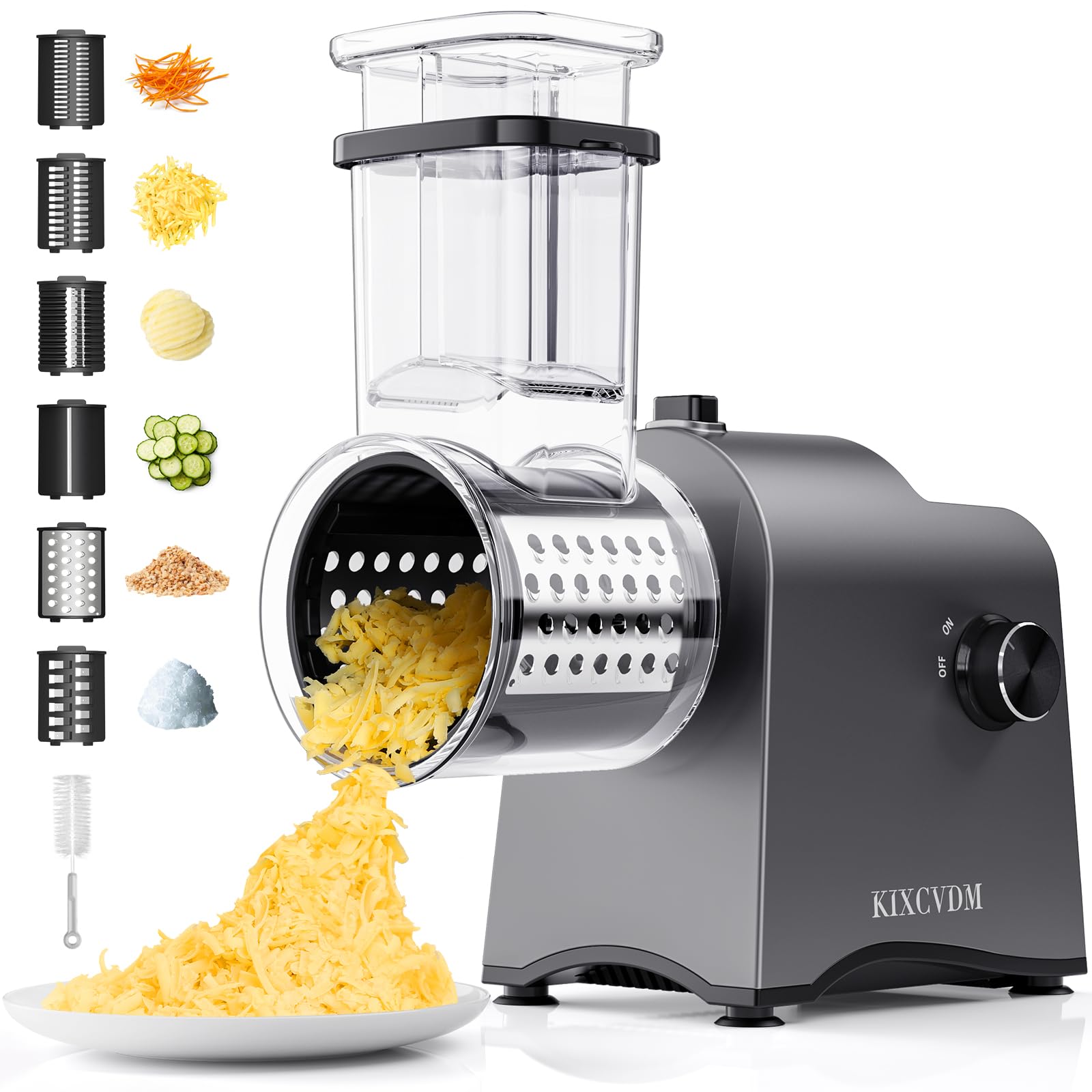 Photo 1 of 6-In-1 Electric Cheese Grater, Salad Shooter with 6 Different Shapes of Blades, 250W Automatic Cheese Shredder, Rotary Switch Kitchen Electric Slicer for Cheese, Fruits, Vegetables, Smoothie