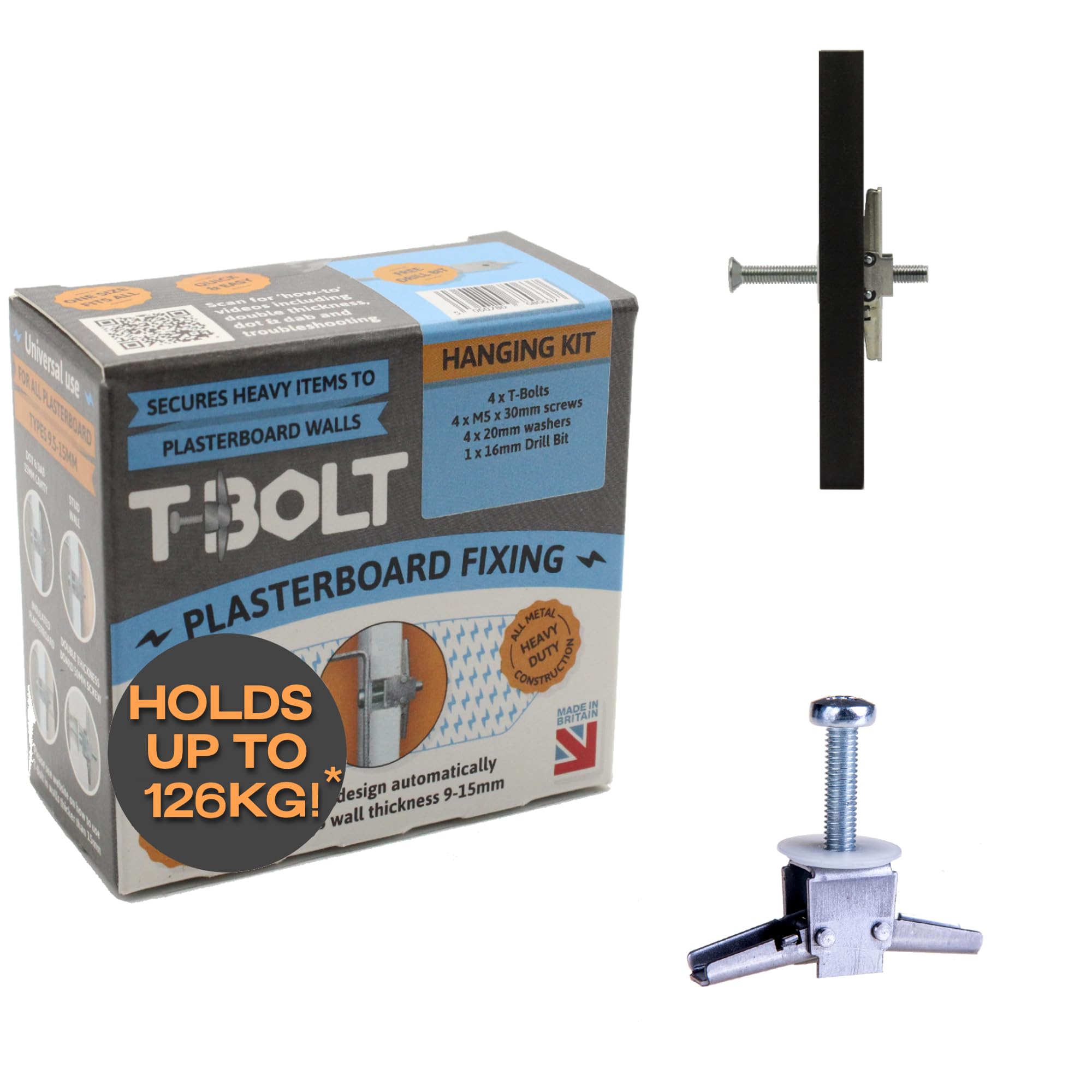 T-Bolt Heavy Duty Metal Plasterboard Fixing - Hanging Kit - Holds up to 65kg per Fixing! [Plasterboard] [Drywall] [Cavity Wall] [Heavy Duty] [Drill]