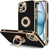 Hython for iPhone 15 Plus Case with Ring Stand, 360° Rotatable Ring Holder Magnetic Kickstand, Plating Rose Gold Edge Soft Cover Luxury Protective Phone Case for iPhone 15 Plus 6.7"​, Black