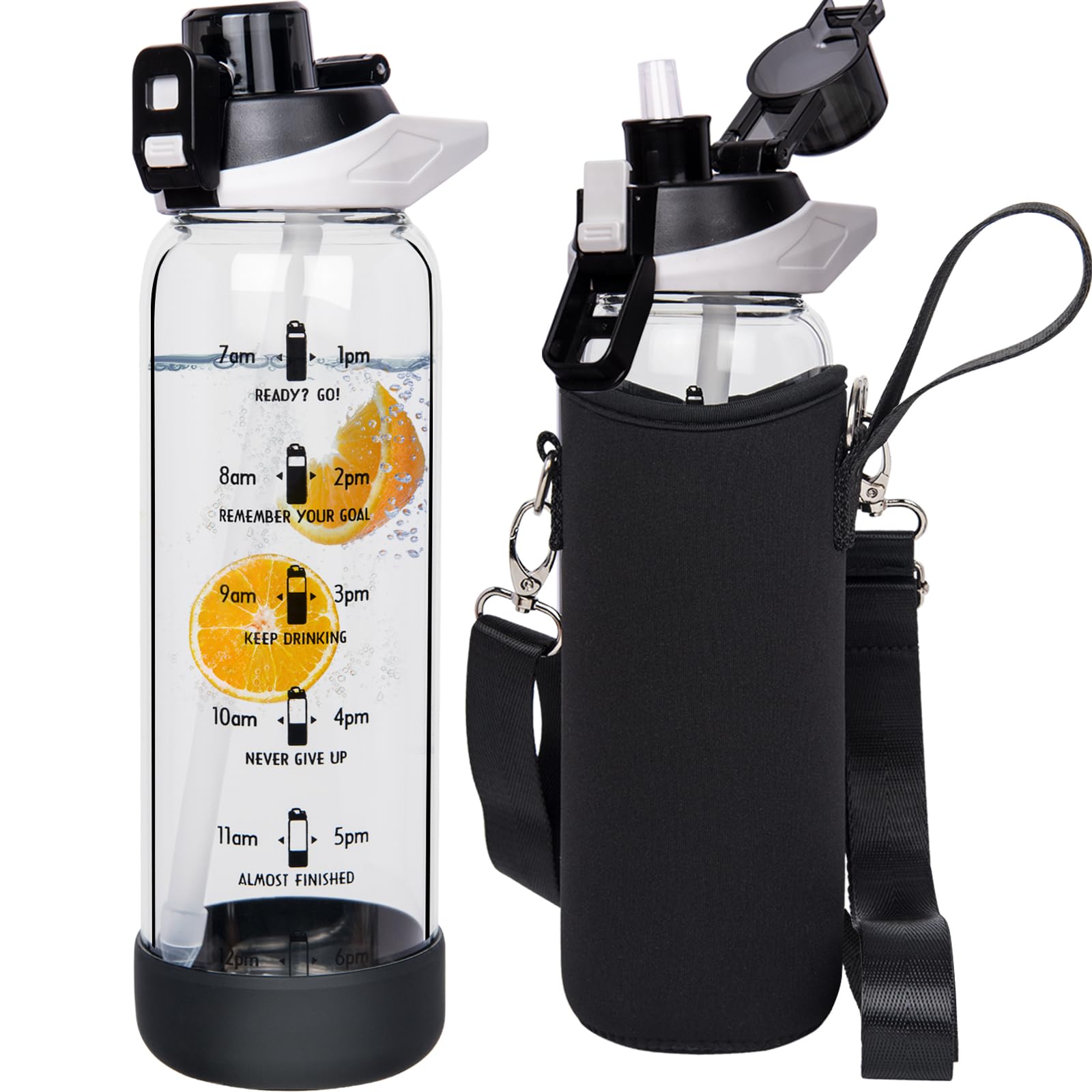 Seekua 800ml Glass Water Bottle with Straw & Time Markings BPA free Motivational Glass Drinking Bottle Leakproof